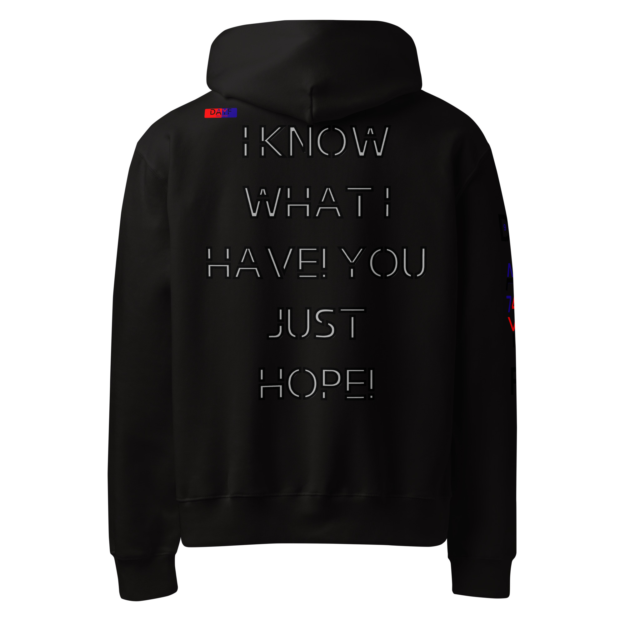 Dayf oversized hoodie back with the quote I KNOW WHAT I HAVE YOU JUST HOPE